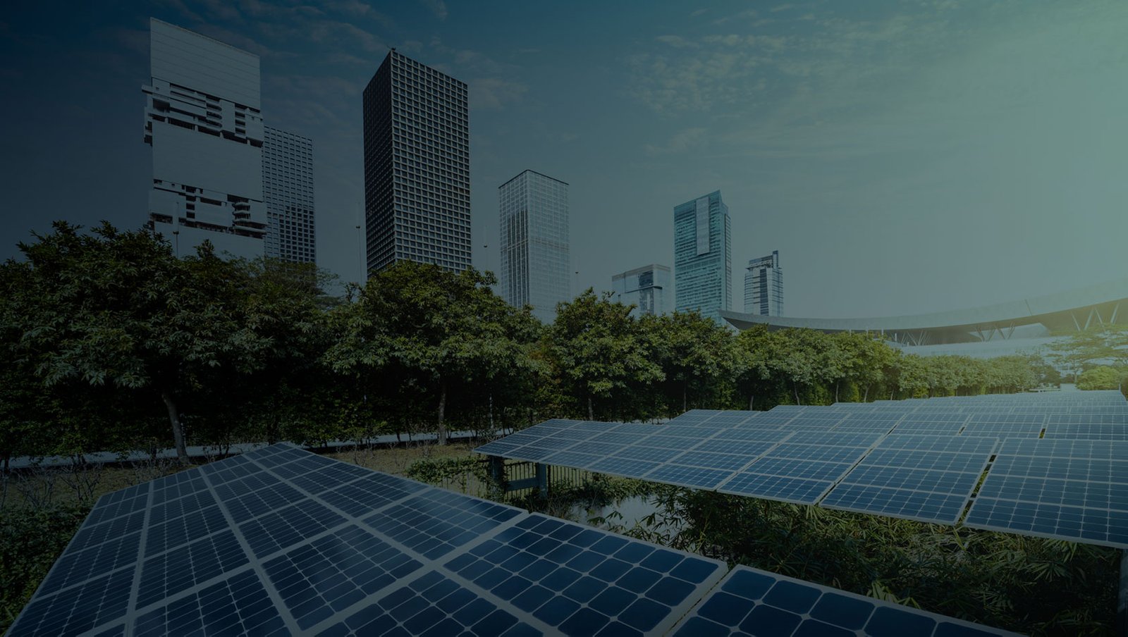 Solar panel installation with city view.